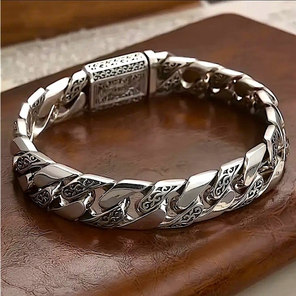 Stainless Steel Chain Link Bracelet, Mantra, Curb Hand Woven Engraved - Picture 2 of 8